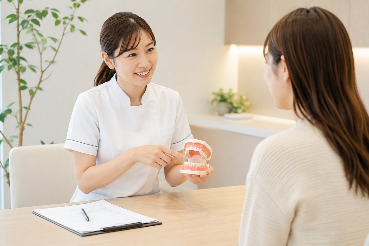 模型を使って治療内容を説明するカウンセリングの様子